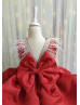 Red Fluffy Beaded V Back Flower Girl Dress